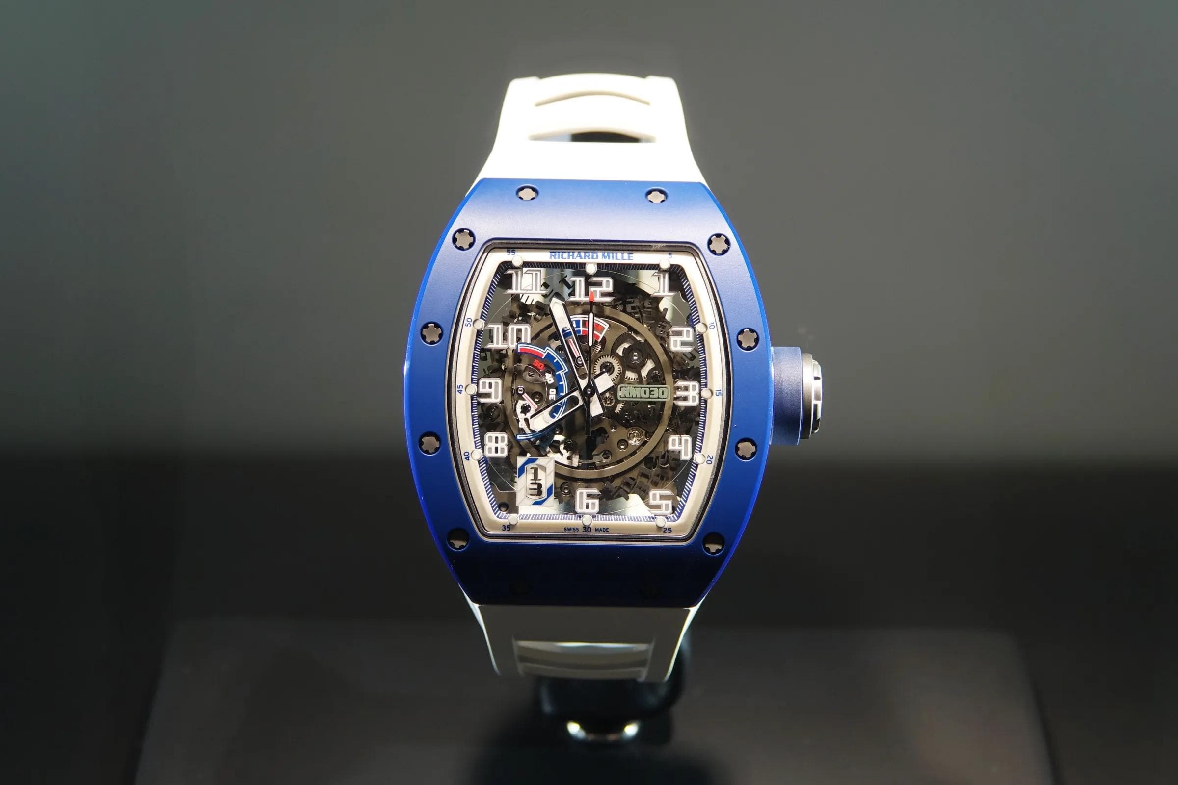 Richard Mille RM 030 Automatic skeleton watch with blue ceramic bezel showing the skeletonized movement