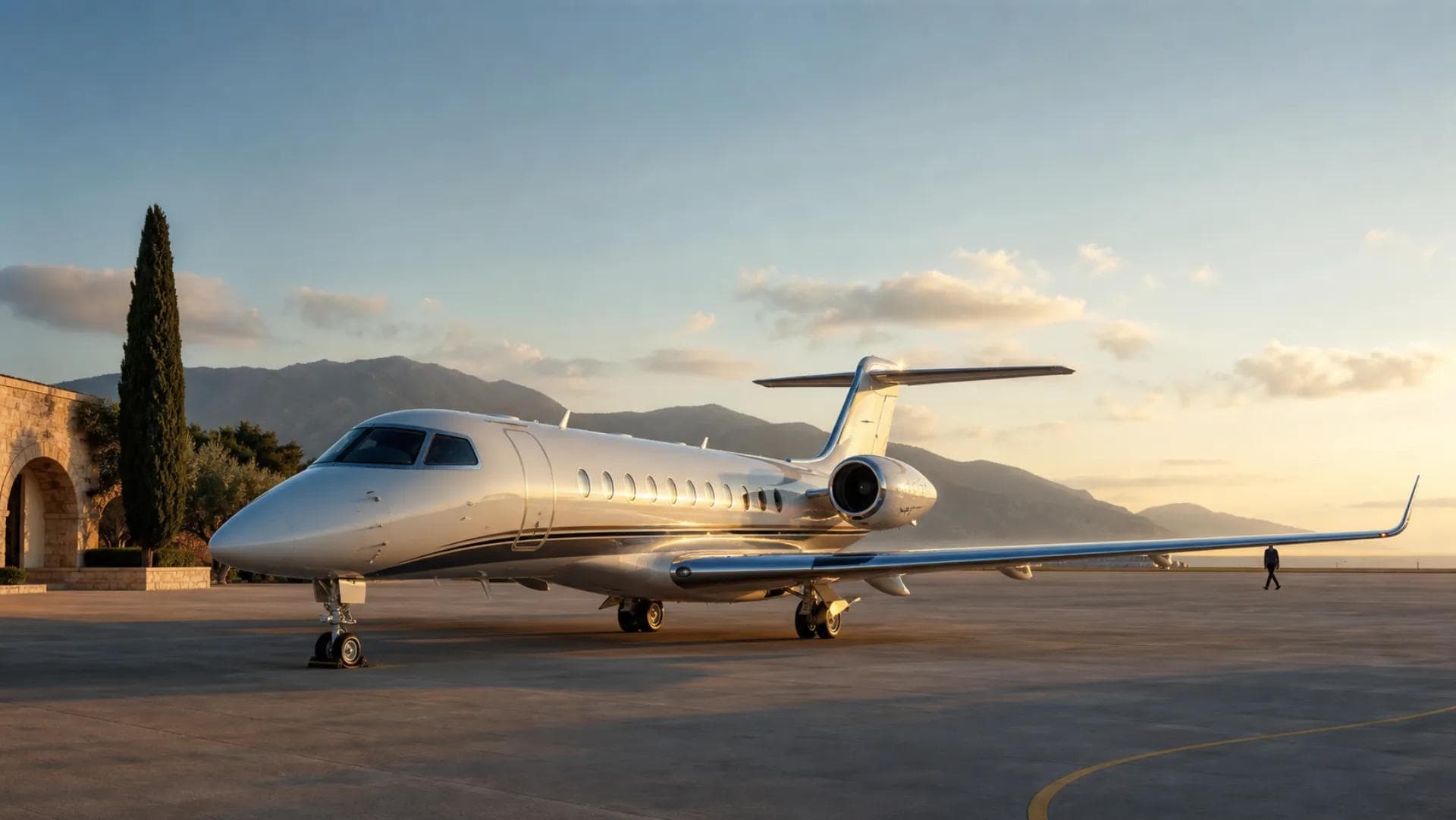 A super-midsize business jet on the tarmac at a private FBO at golden hour