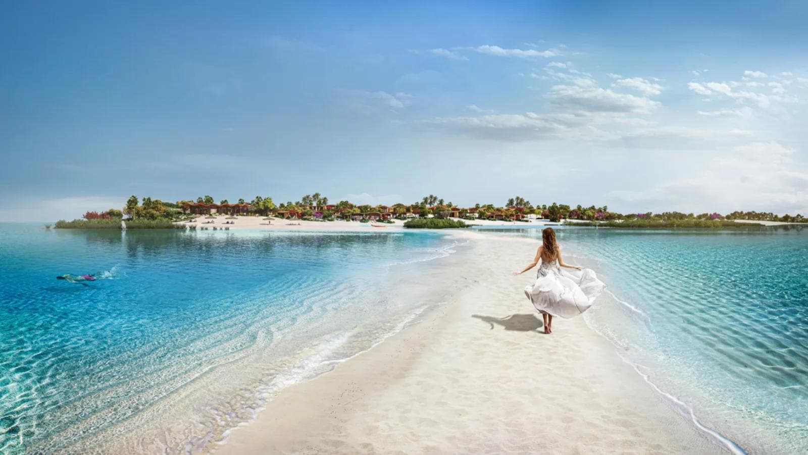 Sandbar to Four Seasons Resort Red Sea villas on Shura Island, woman in white dress walking the strand between turquoise lagoon and beach