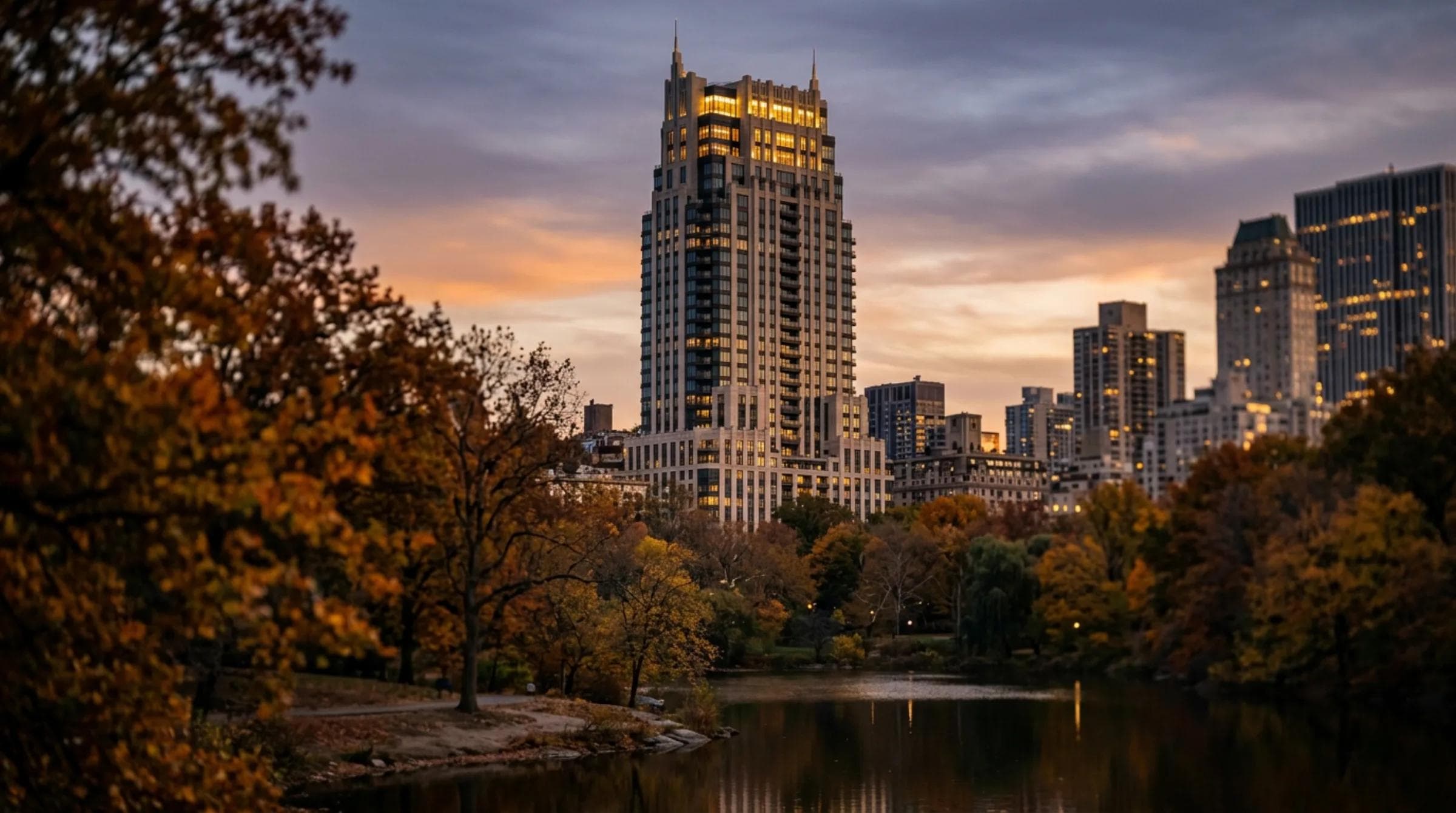 Manhattan luxury residential tower at golden-hour dusk viewed from across Central Park, art-deco architecture with illuminated penthouse floors and autumn park trees in the foreground