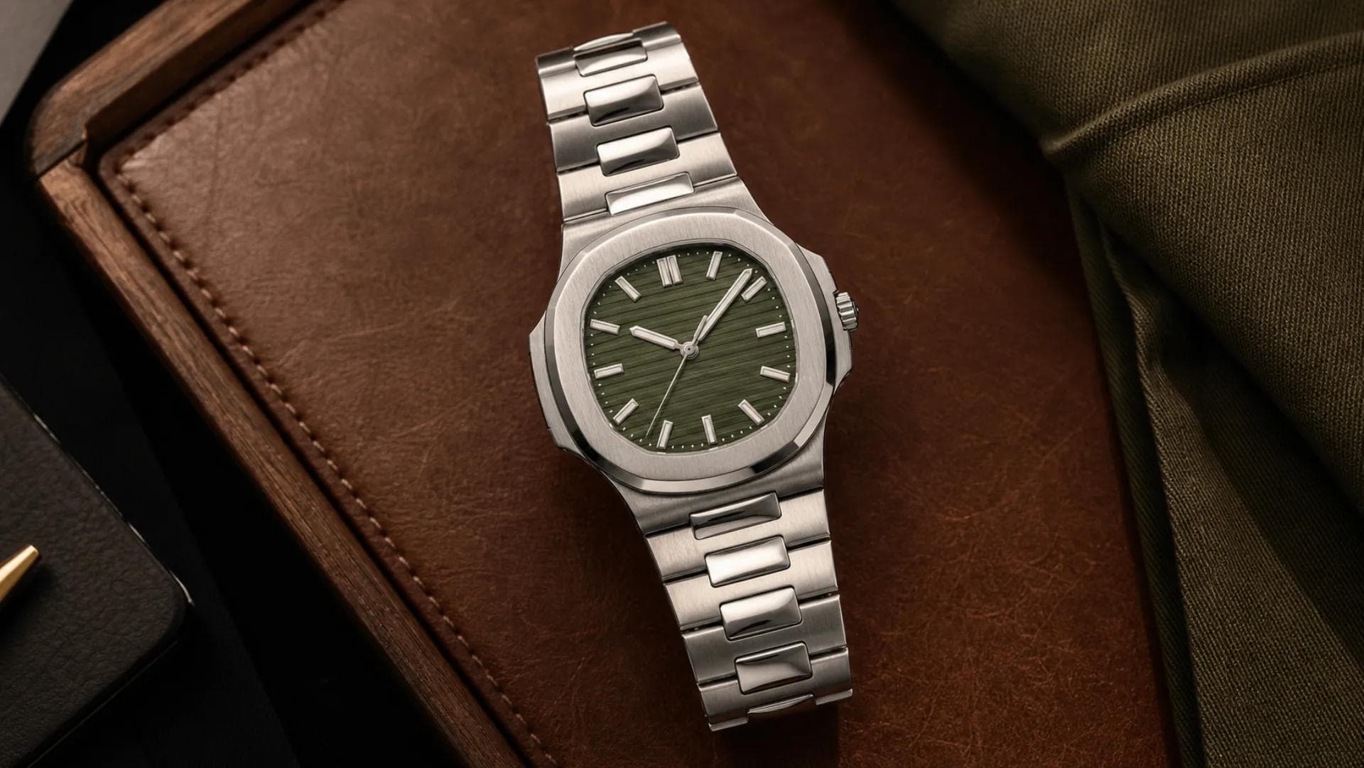 A luxury Swiss wristwatch with rounded square steel case and olive green dial on a leather watch tray