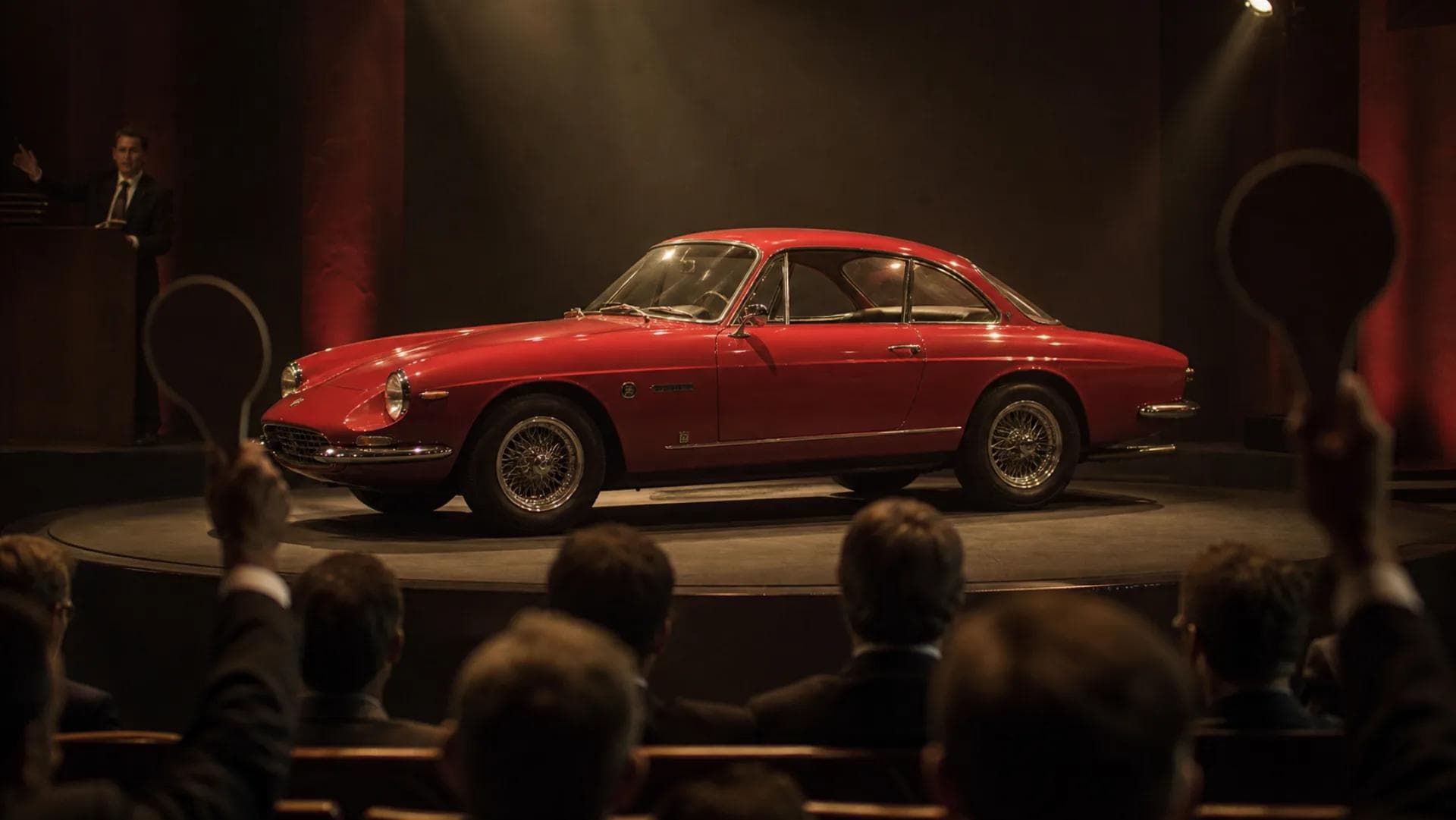 A vintage Italian sports coupe on a rotating auction stage under directional spotlights