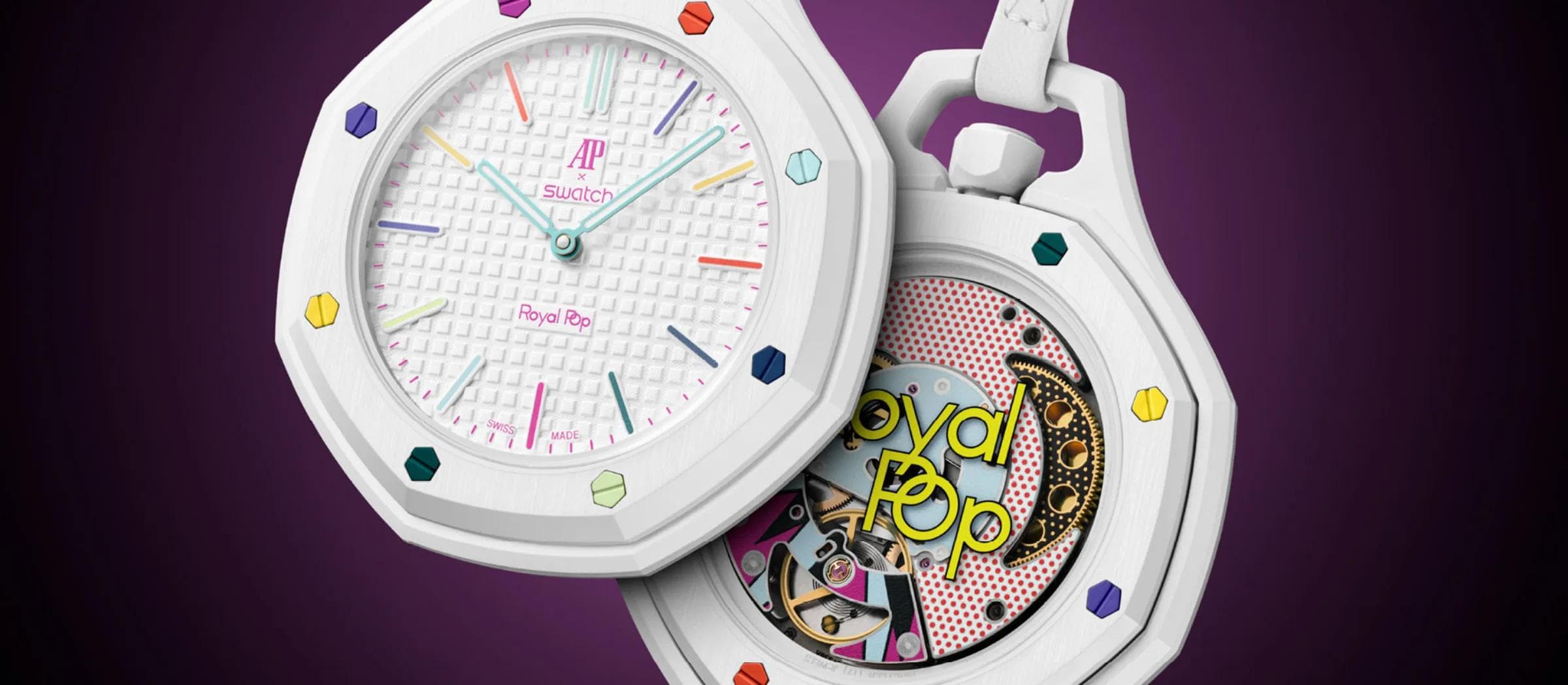 Audemars Piguet x Swatch Royal Pop collection editorial, eight bioceramic pocket watches arrayed