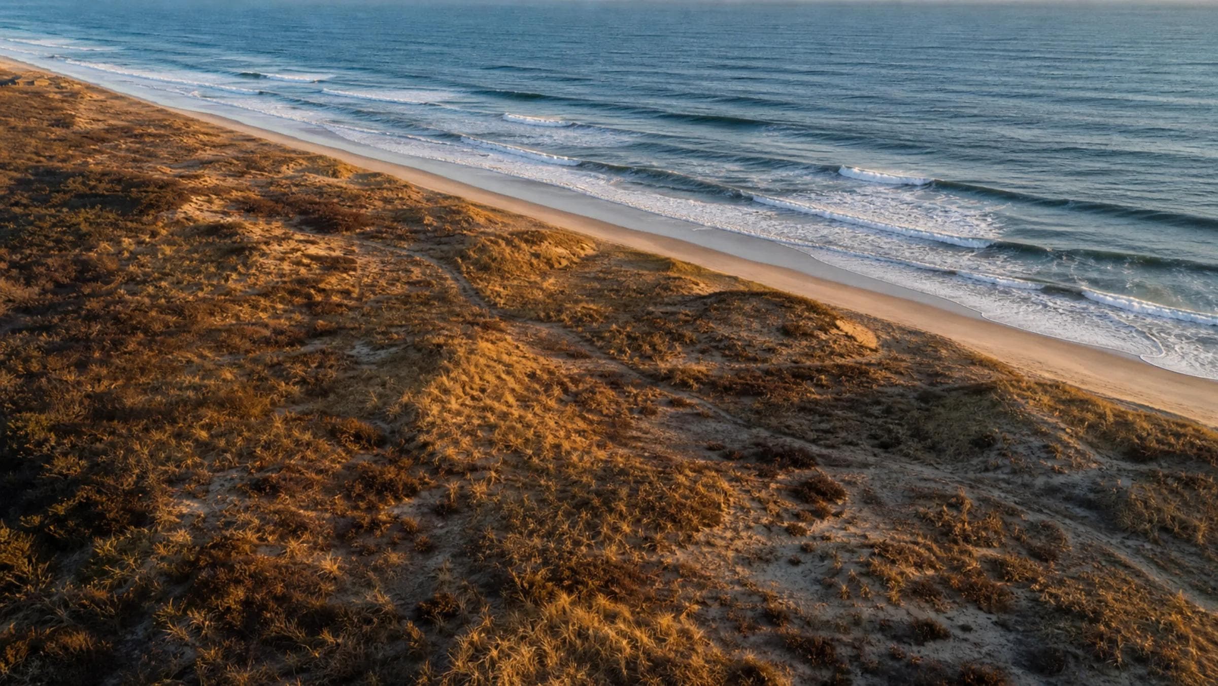 Aerial view of the East End coastline with dunes and ocean at golden hour