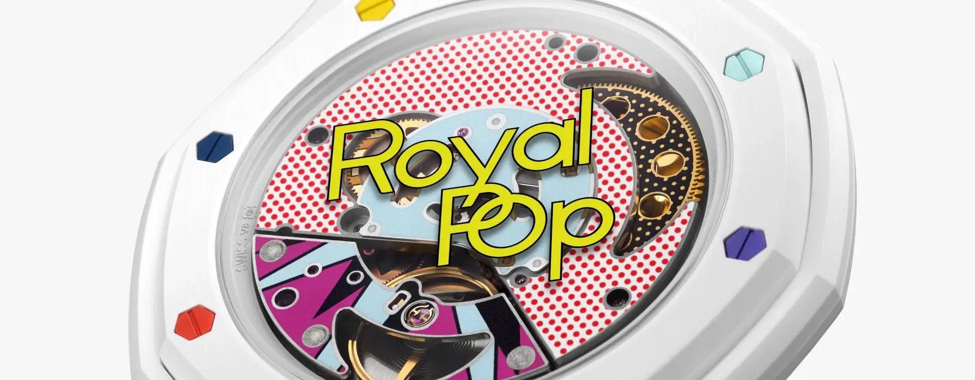 Audemars Piguet x Swatch Royal Pop campaign banner showing the multicolor collection across all eight colorways